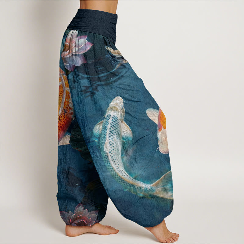 Pantaloni harem da donna con elastico in vita, modello casual con motivo a onde d'acqua e pesce koi Buddha Stones - image 2