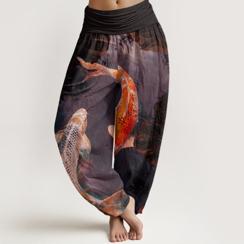 Pantaloni harem da donna con elastico in vita, modello casual con motivo a onde d'acqua e pesce koi Buddha Stones - Indaco - US22, UK/AU26, EU54 (6XL) - image 5