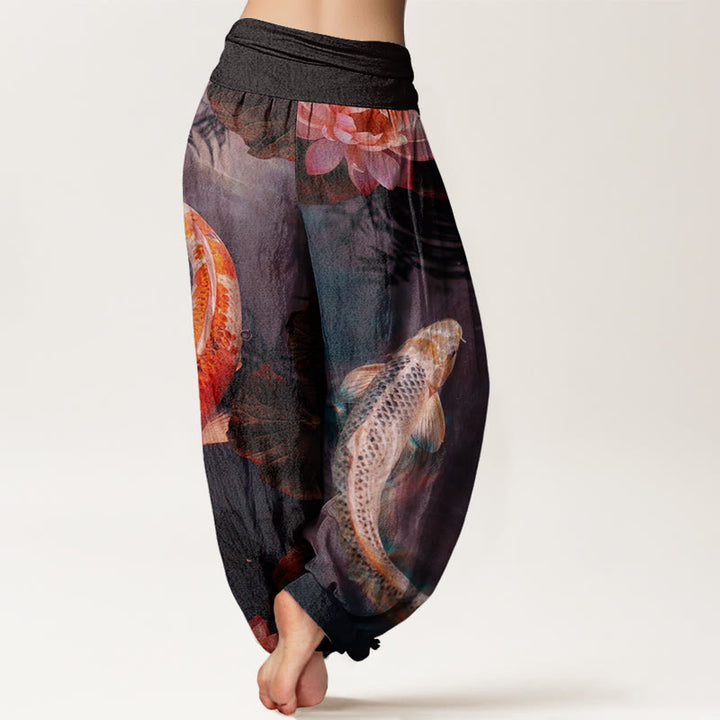 Pantaloni harem da donna con elastico in vita, modello casual con motivo a onde d'acqua e pesce koi Buddha Stones - image 7