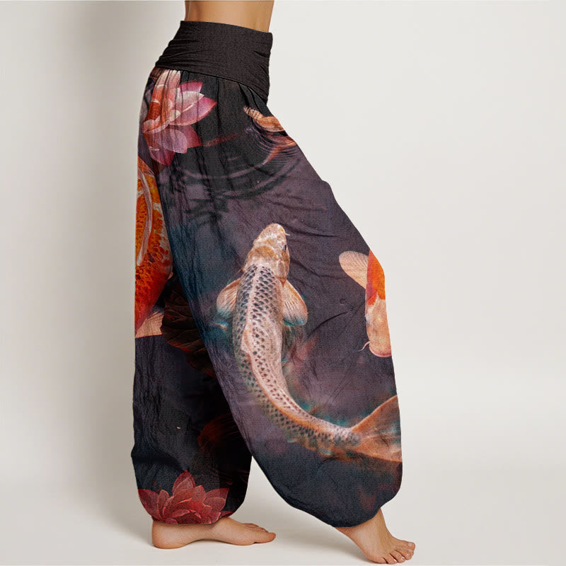 Pantaloni harem da donna con elastico in vita, modello casual con motivo a onde d'acqua e pesce koi Buddha Stones - image 6