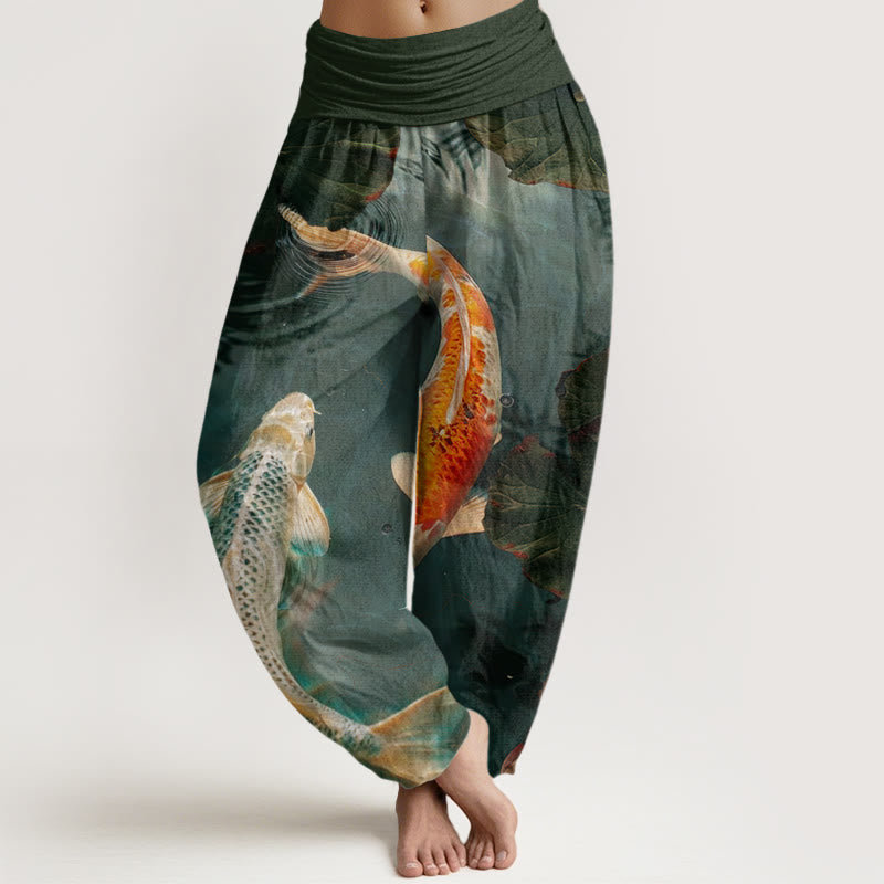 Pantaloni harem da donna con elastico in vita, modello casual con motivo a onde d'acqua e pesce koi Buddha Stones - Grigio ardesia scuro - US22, UK/AU26, EU54 (6XL) - image 8