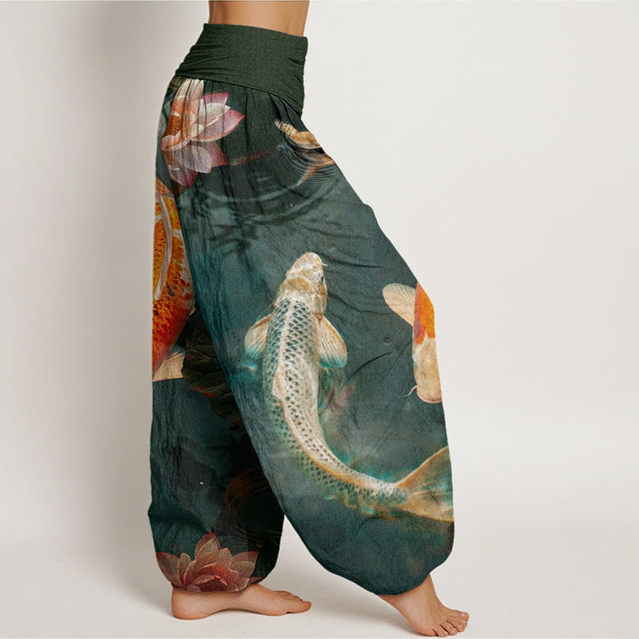 Pantaloni harem da donna con elastico in vita, modello casual con motivo a onde d'acqua e pesce koi Buddha Stones - image 9
