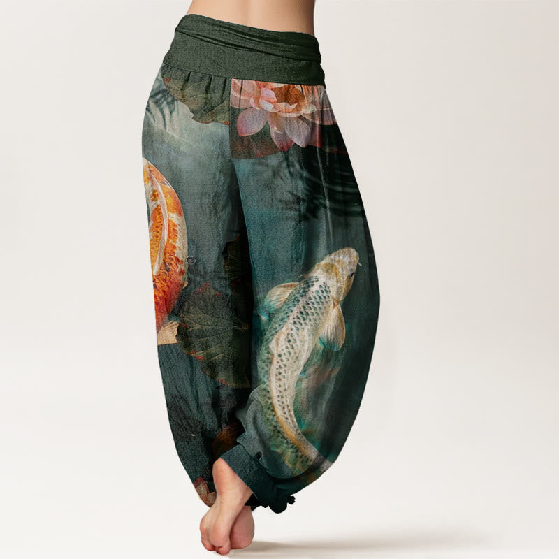 Pantaloni harem da donna con elastico in vita, modello casual con motivo a onde d'acqua e pesce koi Buddha Stones - image 10