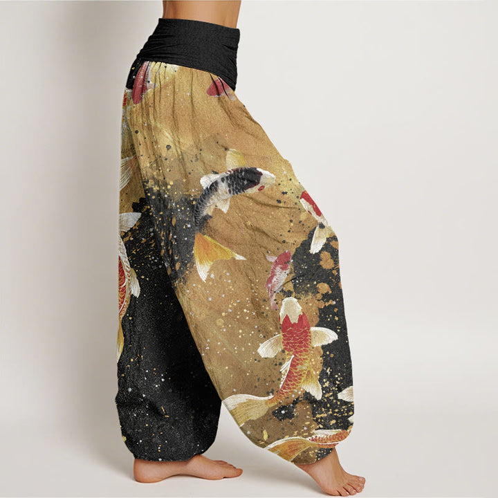 Pantaloni harem da donna con elastico in vita, in cotone, casual, motivo con pesci koi e inchiostro dorato, motivo Buddha Stones - image 2