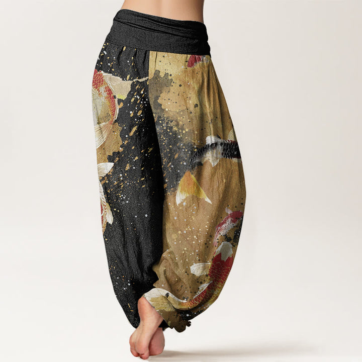 Pantaloni harem da donna con elastico in vita, in cotone, casual, motivo con pesci koi e inchiostro dorato, motivo Buddha Stones - image 1