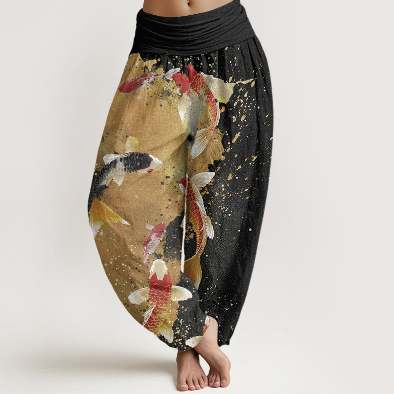 Pantaloni harem da donna con elastico in vita, motivo Buddha Stones Casual Koi Fish Gold Ink Background - Nero - US22, UK/AU26, EU54 (6XL) - image 0