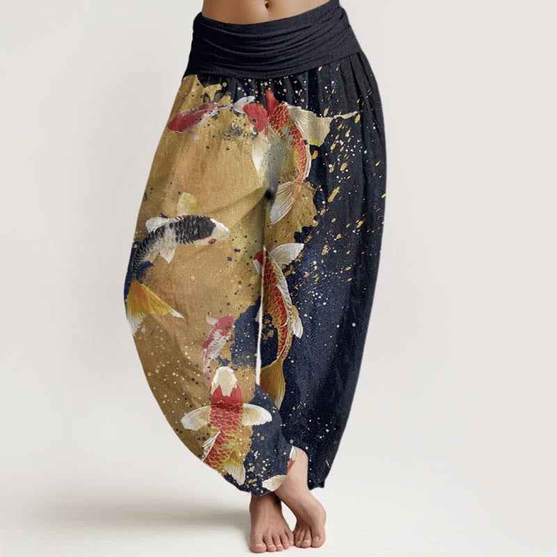 Pantaloni harem da donna con elastico in vita, motivo Buddha Stones Casual Koi Fish Gold Ink Background - Blu notte - US22, UK/AU26, EU54 (6XL) - image 5