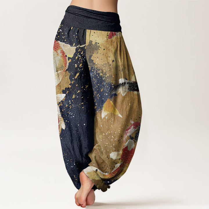 Pantaloni harem da donna con elastico in vita, in cotone, casual, motivo con pesci koi e inchiostro dorato, motivo Buddha Stones - image 6