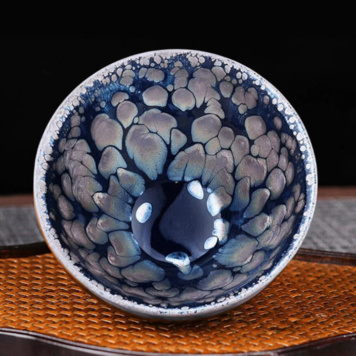 Tazza da tè in ceramica Jianzhan cinese fatta a mano con pois blu e viola, motivo Buddha Stones, Tenmoku Kung Fu, 150 ml