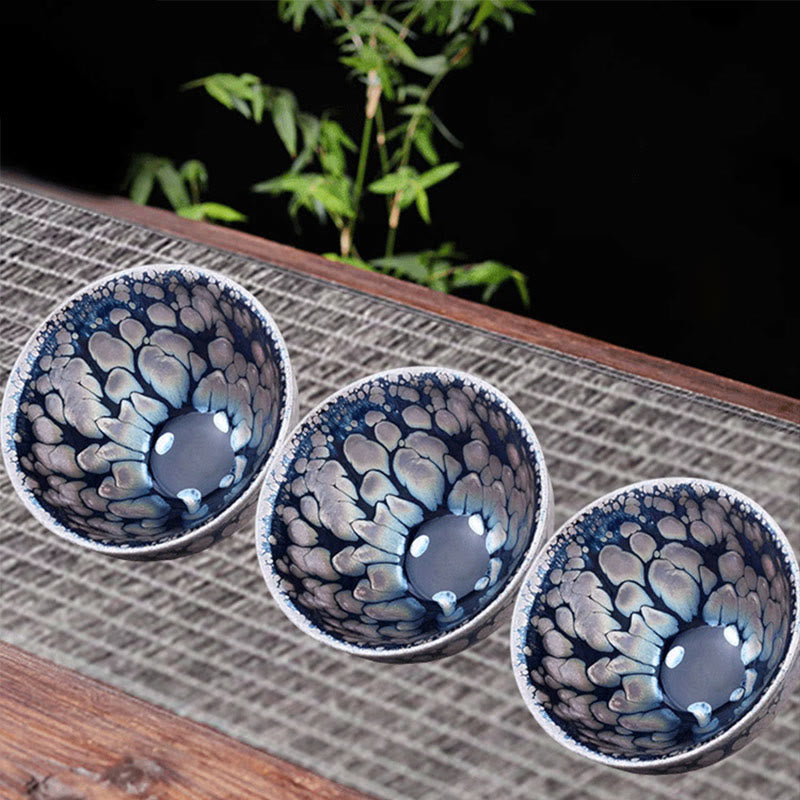 Tazza da tè in ceramica Jianzhan cinese fatta a mano con pois blu e viola, motivo Buddha Stones, Tenmoku Kung Fu, 150 ml