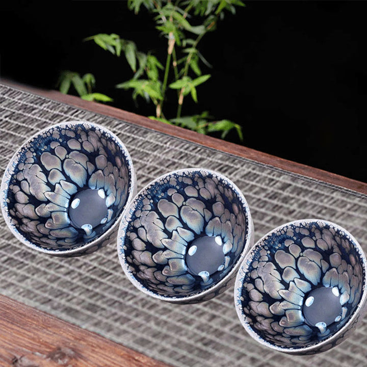 Tazza da tè in ceramica Jianzhan cinese fatta a mano con pois blu e viola, motivo Buddha Stones, Tenmoku Kung Fu, 150 ml
