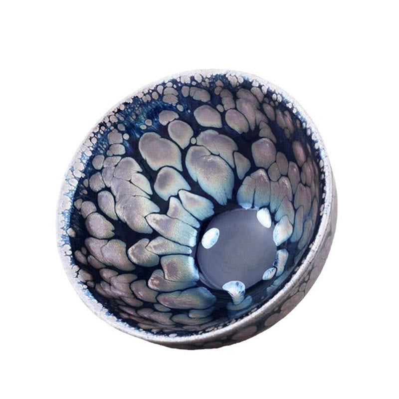 Tazza da tè in ceramica Jianzhan cinese fatta a mano con pois blu e viola, motivo Buddha Stones, Tenmoku Kung Fu, 150 ml