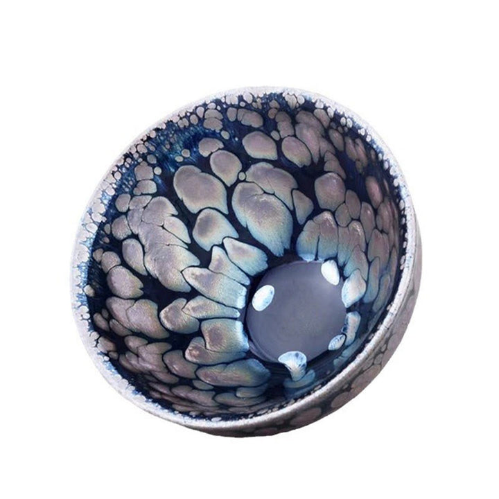 Tazza da tè in ceramica Jianzhan cinese fatta a mano con pois blu e viola, motivo Buddha Stones, Tenmoku Kung Fu, 150 ml