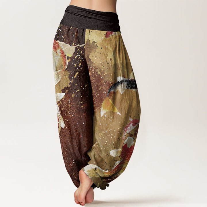 Pantaloni harem da donna con elastico in vita, motivo Buddha Stones Casual Koi Fish Gold Ink Background - image 10