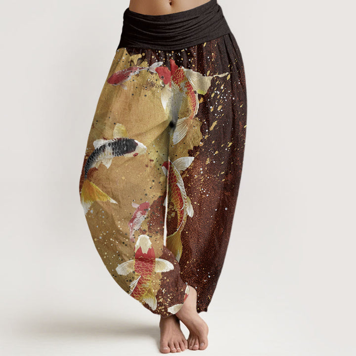 Pantaloni harem da donna con elastico in vita, in cotone, casual, motivo con pesci koi e inchiostro dorato, motivo Buddha Stones - Marrone sella - US22, UK/AU26, EU54 (6XL) - image 7