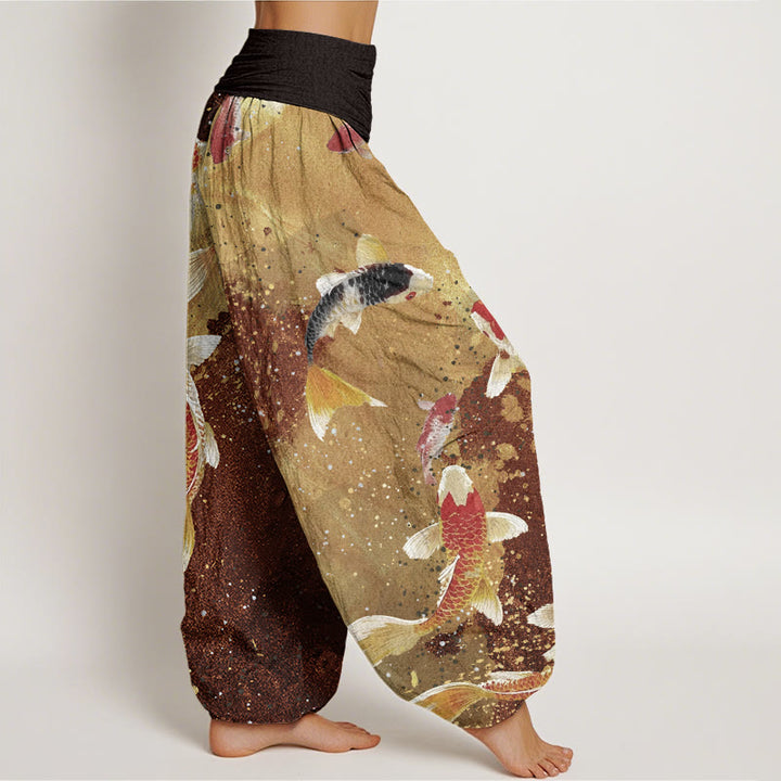 Pantaloni harem da donna con elastico in vita, motivo Buddha Stones Casual Koi Fish Gold Ink Background - image 9