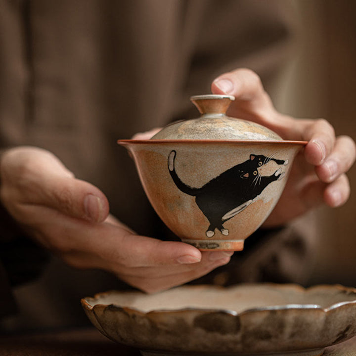 Tazza da tè Gaiwan in ceramica con motivo a gatto, motivo Buddha Stones, con coperchio, 130 ml - image 7