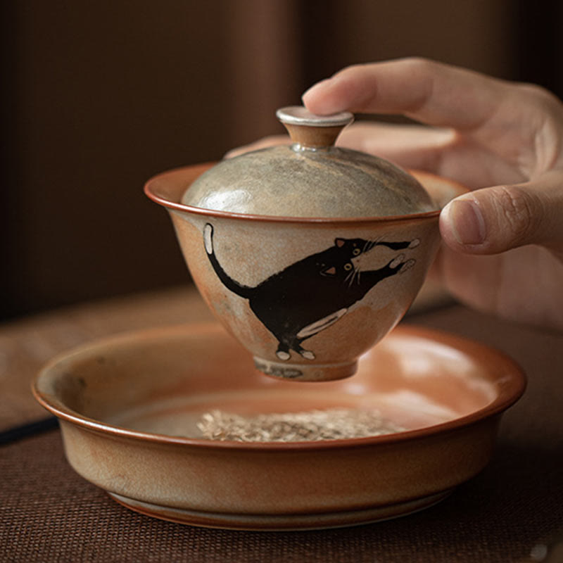 Tazza da tè Gaiwan in ceramica con motivo a gatto, motivo Buddha Stones, con coperchio, 130 ml - image 10