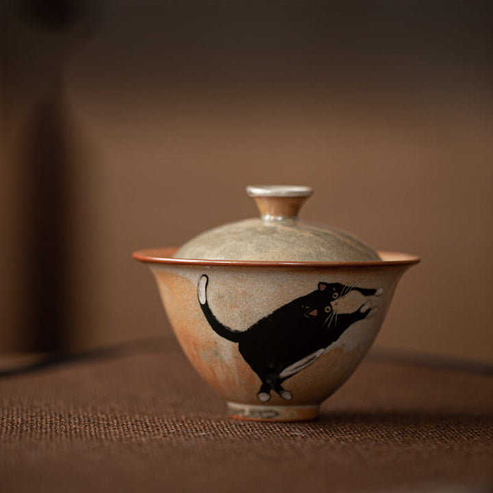 Tazza da tè Gaiwan in ceramica con motivo a gatto, motivo Buddha Stones, con coperchio, 130 ml - image 8