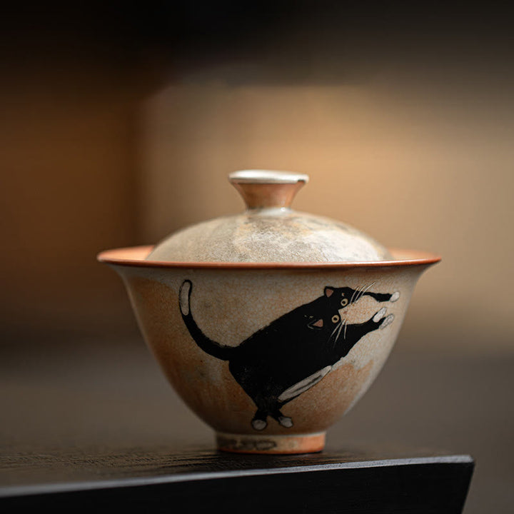 Tazza da tè Gaiwan in ceramica con motivo a gatto, motivo Buddha Stones, con coperchio, 130 ml - Tazza per gatti 9,5 cm*7,6 cm*130 ml - image 1