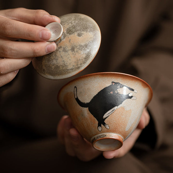 Tazza da tè Gaiwan in ceramica con motivo a gatto, motivo Buddha Stones, con coperchio, 130 ml - image 2