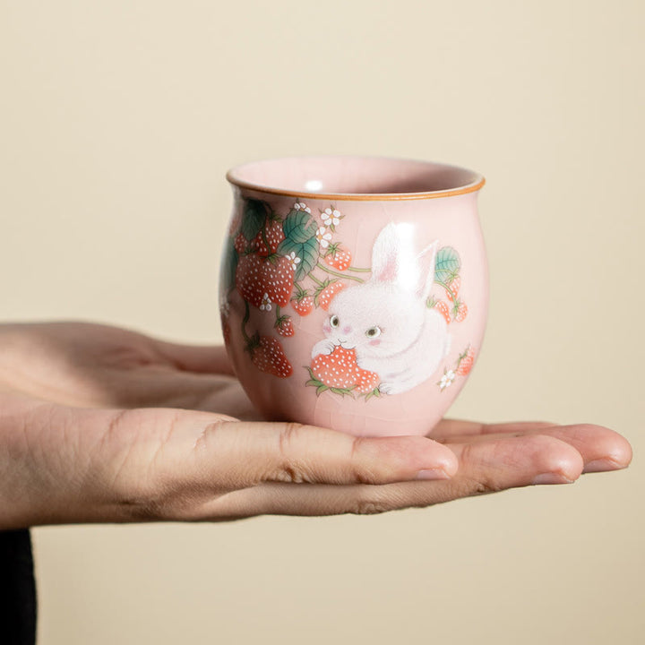 Tazza da tè Kung Fu con coniglio e fragola Buddha Stones, piccola, 90 ml, con scatola regalo
