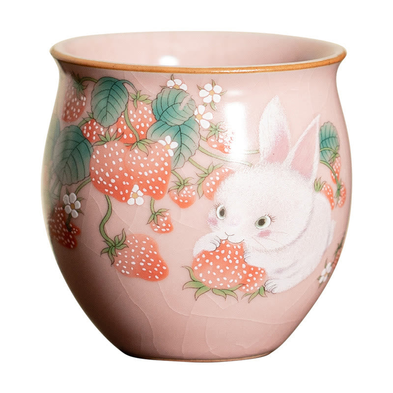 Tazza da tè Kung Fu con coniglio e fragola Buddha Stones, piccola, 90 ml, con scatola regalo