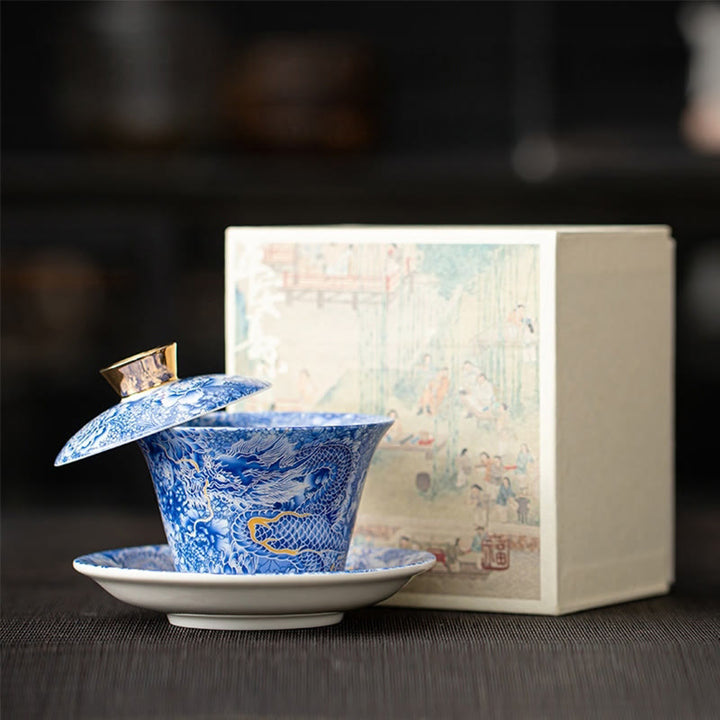 Tazza da tè e piattino in ceramica Dunhuang Gaiwan Sancai Kung Fu con coperchio, confezione regalo da 180 ml, Buddha Stones Thangka Dragon Buddha