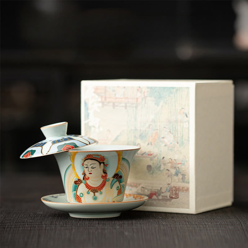 Tazza da tè e piattino in ceramica Dunhuang Gaiwan Sancai Kung Fu con coperchio, confezione regalo da 180 ml, Buddha Stones Thangka Dragon Buddha