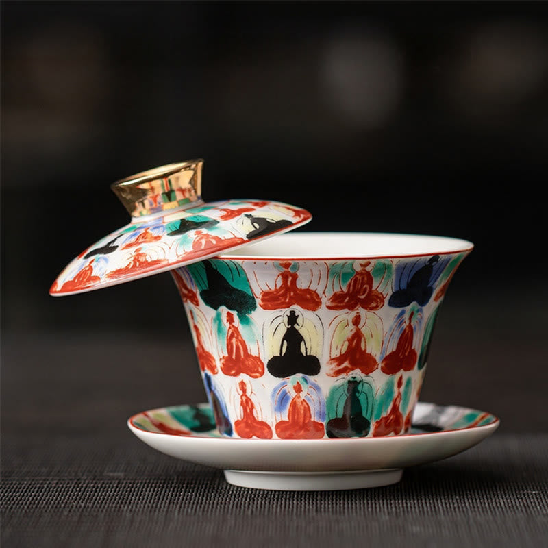 Tazza da tè e piattino in ceramica Dunhuang Gaiwan Sancai Kung Fu con coperchio, confezione regalo da 180 ml, Buddha Stones Thangka Dragon Buddha