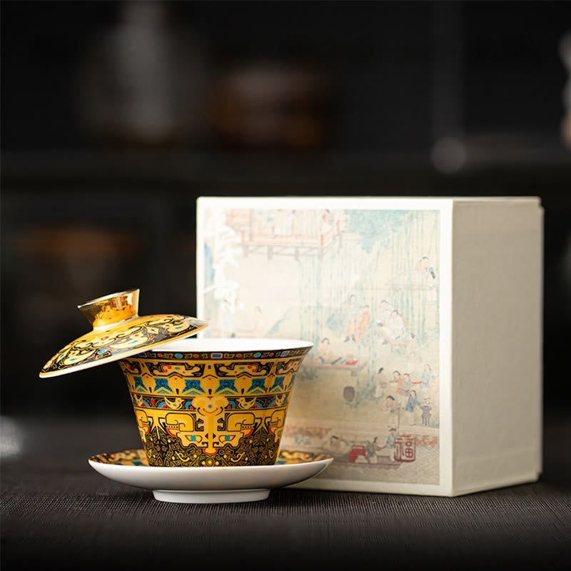 Tazza da tè e piattino in ceramica Dunhuang Gaiwan Sancai Kung Fu con coperchio, confezione regalo da 180 ml, Buddha Stones Thangka Dragon Buddha