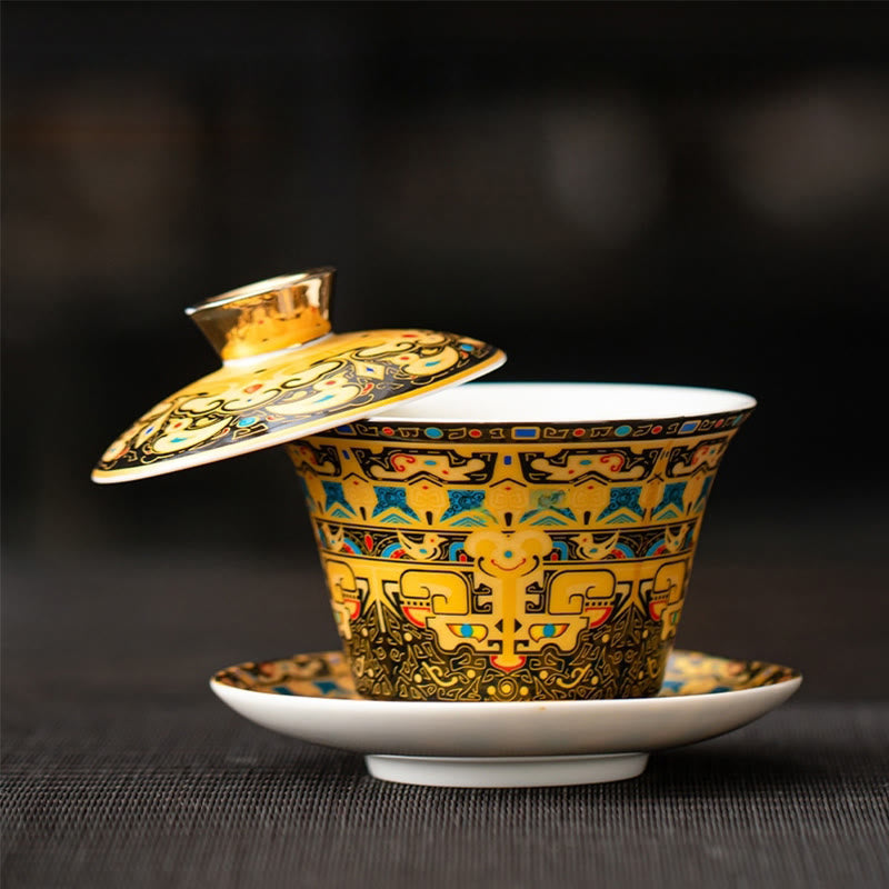 Tazza da tè e piattino in ceramica Dunhuang Gaiwan Sancai Kung Fu con coperchio, confezione regalo da 180 ml, Buddha Stones Thangka Dragon Buddha