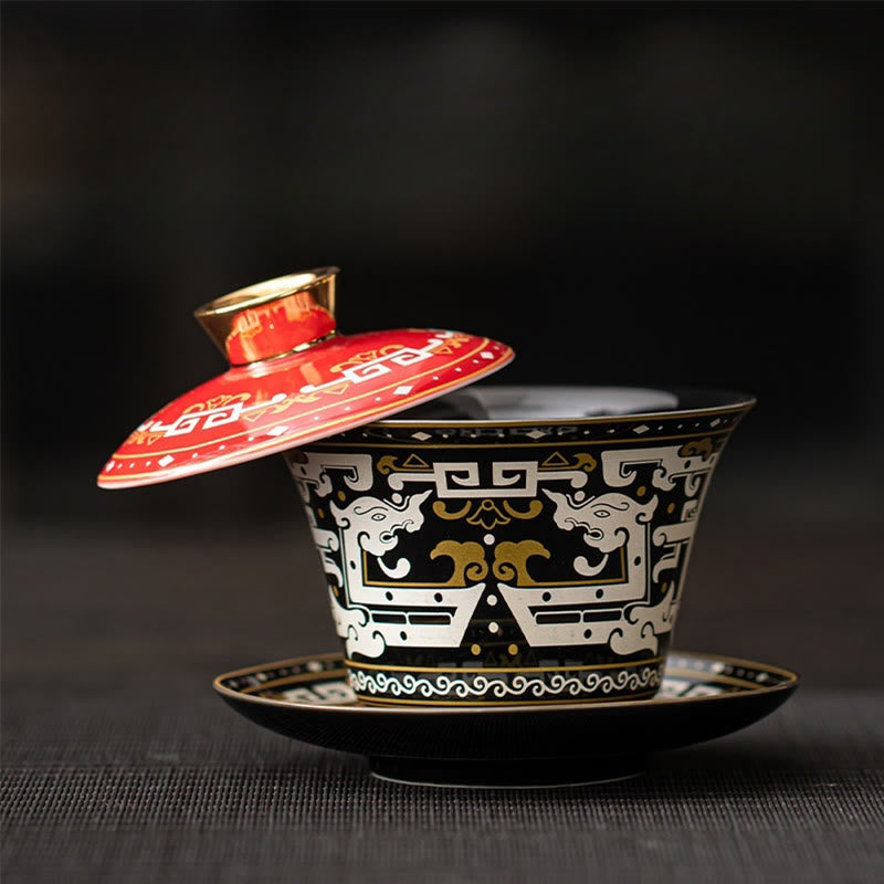 Tazza da tè e piattino in ceramica Dunhuang Gaiwan Sancai Kung Fu con coperchio, confezione regalo da 180 ml, Buddha Stones Thangka Dragon Buddha
