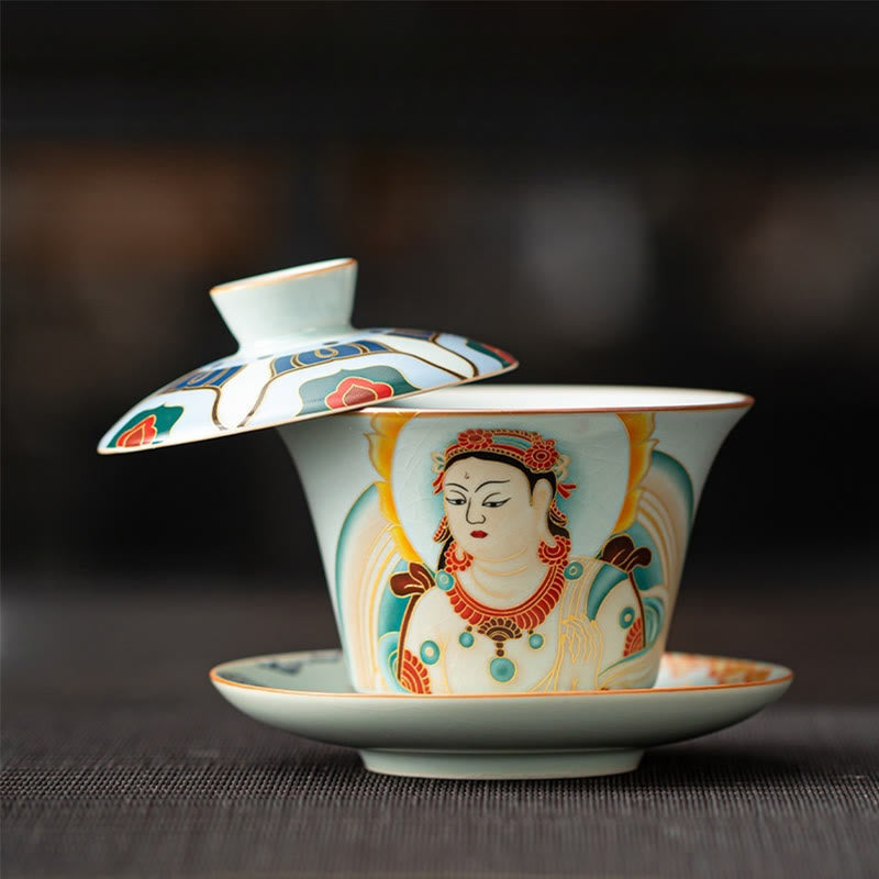 Tazza da tè e piattino in ceramica Dunhuang Gaiwan Sancai Kung Fu con coperchio, confezione regalo da 180 ml, Buddha Stones Thangka Dragon Buddha