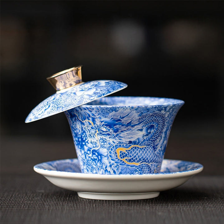 Tazza da tè e piattino in ceramica Dunhuang Gaiwan Sancai Kung Fu con coperchio, confezione regalo da 180 ml, Buddha Stones Thangka Dragon Buddha