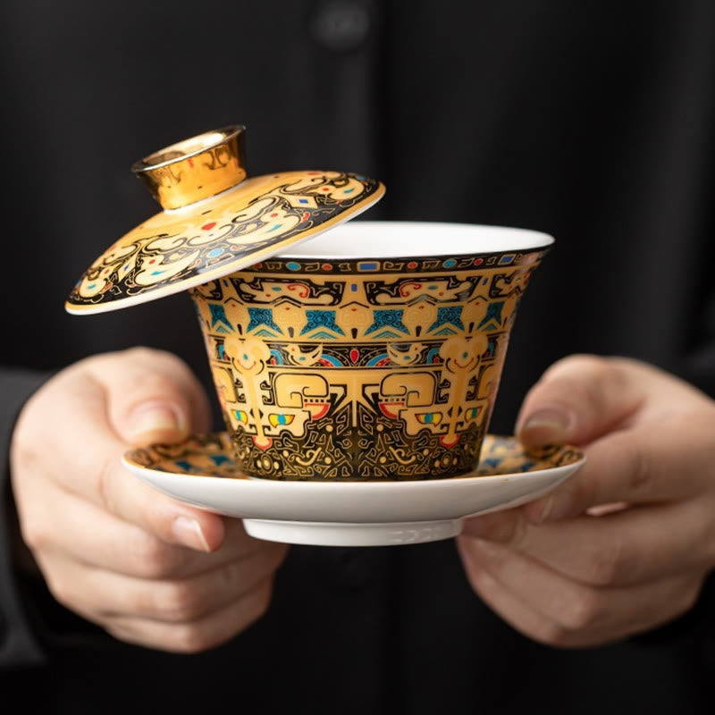 Tazza da tè e piattino in ceramica Dunhuang Gaiwan Sancai Kung Fu con coperchio, confezione regalo da 180 ml, Buddha Stones Thangka Dragon Buddha