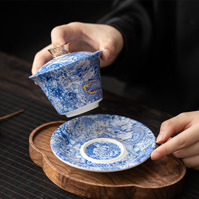 Tazza da tè e piattino in ceramica Dunhuang Gaiwan Sancai Kung Fu con coperchio, confezione regalo da 180 ml, Buddha Stones Thangka Dragon Buddha