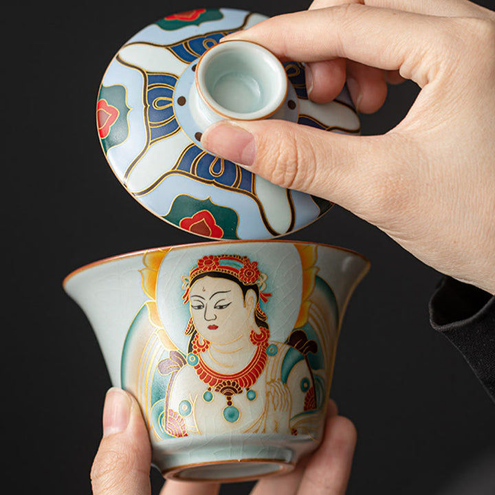 Tazza da tè e piattino in ceramica Dunhuang Gaiwan Sancai Kung Fu con coperchio, confezione regalo da 180 ml, Buddha Stones Thangka Dragon Buddha