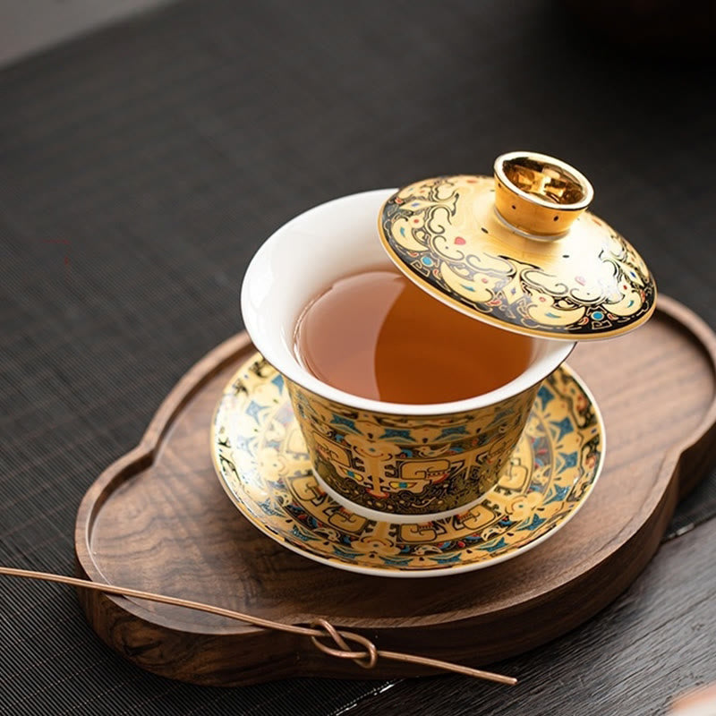 Tazza da tè e piattino in ceramica Dunhuang Gaiwan Sancai Kung Fu con coperchio, confezione regalo da 180 ml, Buddha Stones Thangka Dragon Buddha