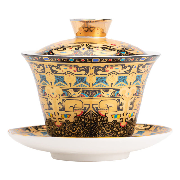 Tazza da tè e piattino in ceramica Dunhuang Gaiwan Sancai Kung Fu con coperchio, confezione regalo da 180 ml, Buddha Stones Thangka Dragon Buddha