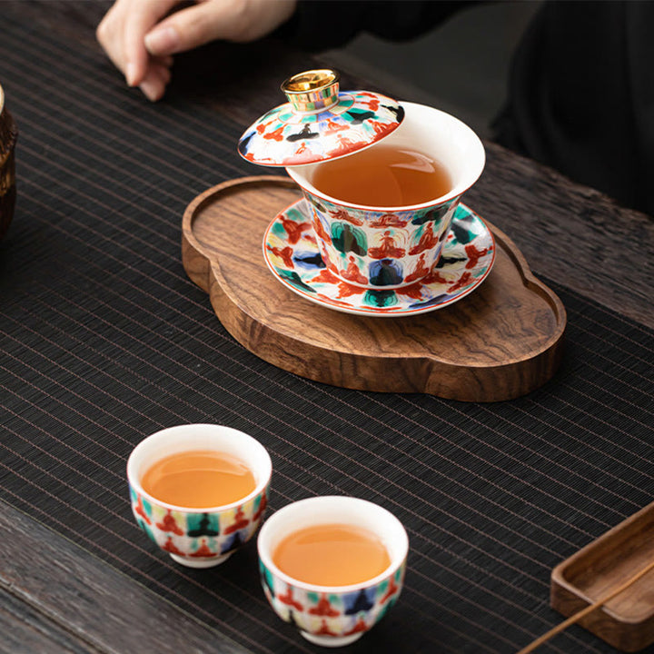 Tazza da tè e piattino in ceramica Dunhuang Gaiwan Sancai Kung Fu con coperchio, confezione regalo da 180 ml, Buddha Stones Thangka Dragon Buddha