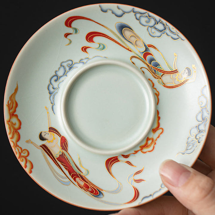 Tazza da tè e piattino in ceramica Dunhuang Gaiwan Sancai Kung Fu con coperchio, confezione regalo da 180 ml, Buddha Stones Thangka Dragon Buddha