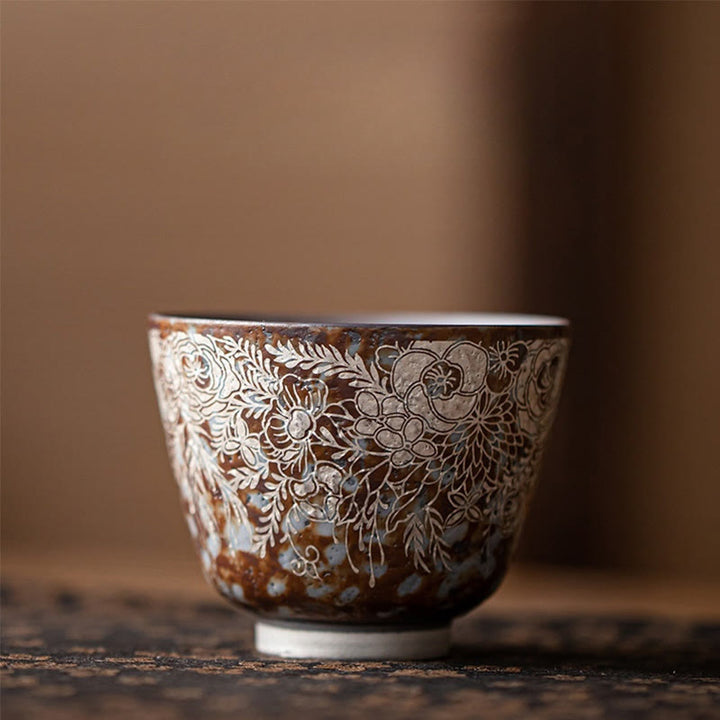Tazza da tè Kung Fu Buddha Stones e fiori marroni in piena fioritura, 100 ml, con scatola regalo