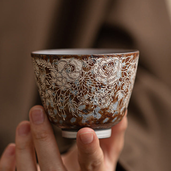 Tazza da tè Kung Fu Buddha Stones e fiori marroni in piena fioritura, 100 ml, con scatola regalo