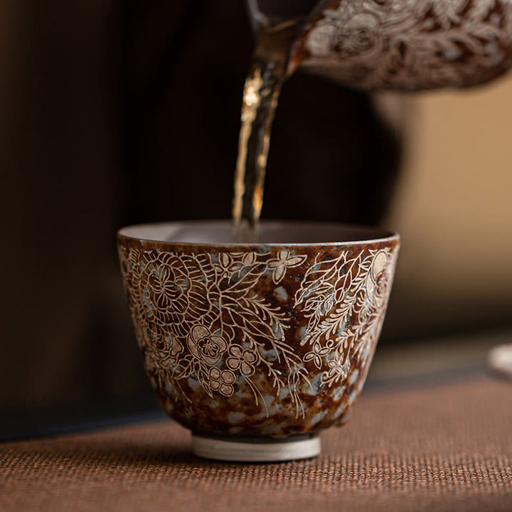 Tazza da tè Kung Fu Buddha Stones e fiori marroni in piena fioritura, 100 ml, con scatola regalo
