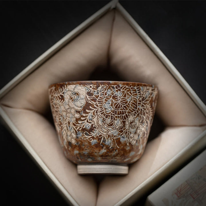 Tazza da tè Kung Fu Buddha Stones e fiori marroni in piena fioritura, 100 ml, con scatola regalo