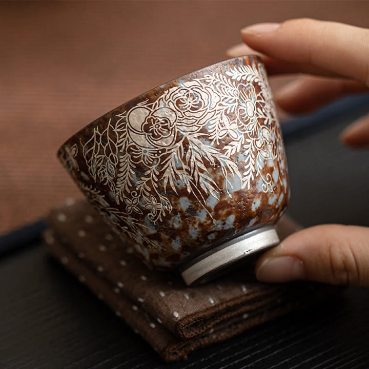 Tazza da tè Kung Fu Buddha Stones e fiori marroni in piena fioritura, 100 ml, con scatola regalo