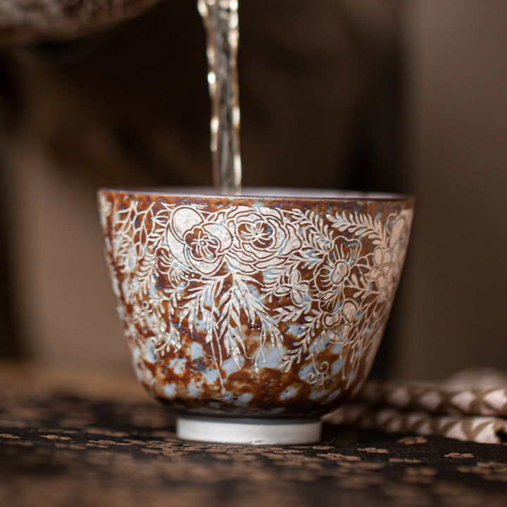 Tazza da tè Kung Fu Buddha Stones e fiori marroni in piena fioritura, 100 ml, con scatola regalo