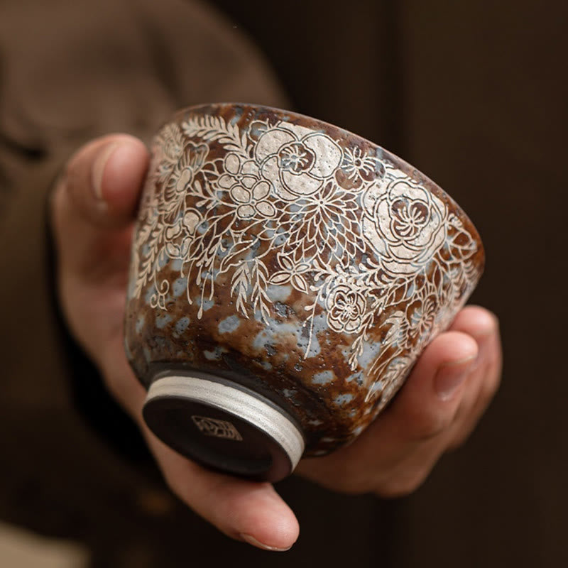 Tazza da tè Kung Fu Buddha Stones e fiori marroni in piena fioritura, 100 ml, con scatola regalo
