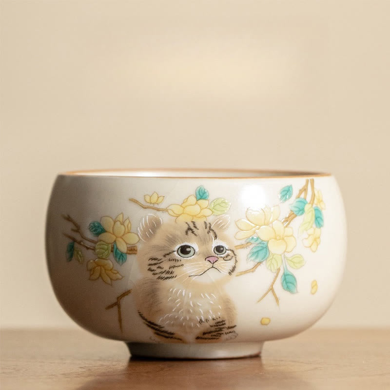 Tazza da tè Kung Fu Buddha Stones, gatto carino, fiori gialli e coniglio - Gatto 6,8 cm*4 cm*80 ml - image 1